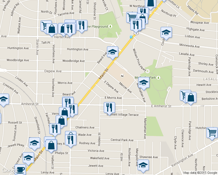 map of restaurants, bars, coffee shops, grocery stores, and more near 34 Benwood Avenue in Buffalo
