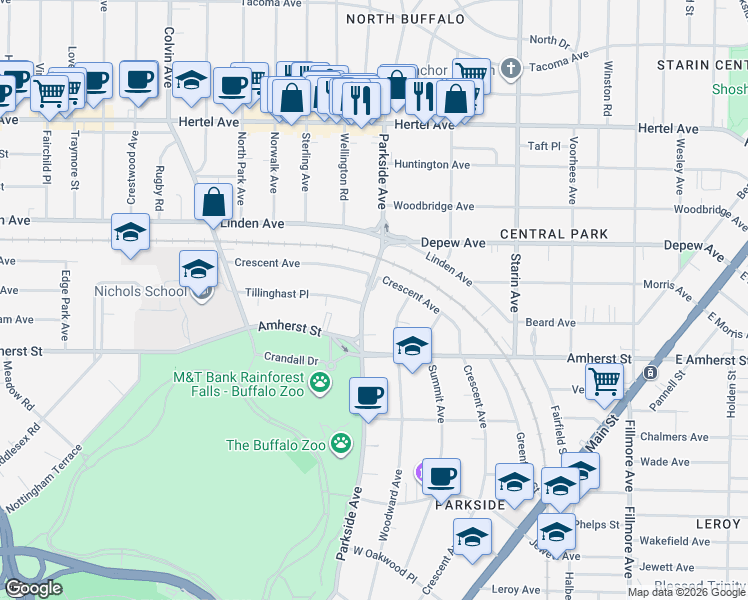 map of restaurants, bars, coffee shops, grocery stores, and more near 435 Parkside Avenue in Buffalo