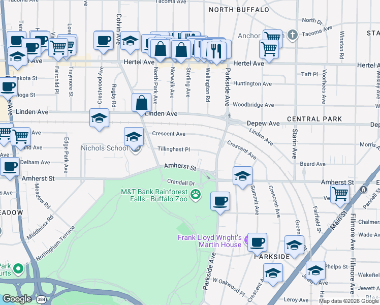 map of restaurants, bars, coffee shops, grocery stores, and more near 65 Tillinghast Place in Buffalo