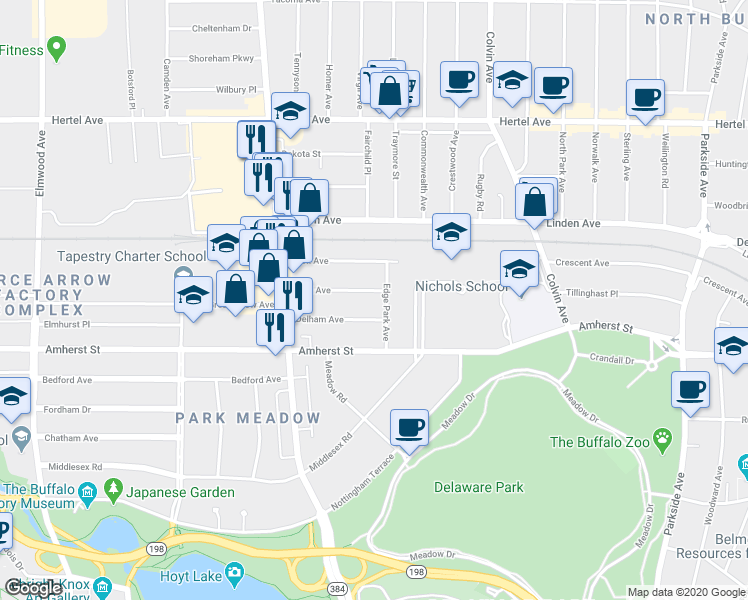 map of restaurants, bars, coffee shops, grocery stores, and more near 52 Edge Park Avenue in Buffalo