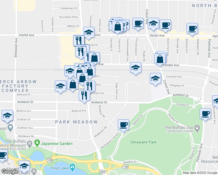 map of restaurants, bars, coffee shops, grocery stores, and more near 52 Edge Park Avenue in Buffalo