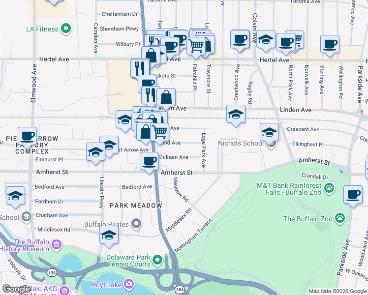 map of restaurants, bars, coffee shops, grocery stores, and more near 59 Rand Avenue in Buffalo