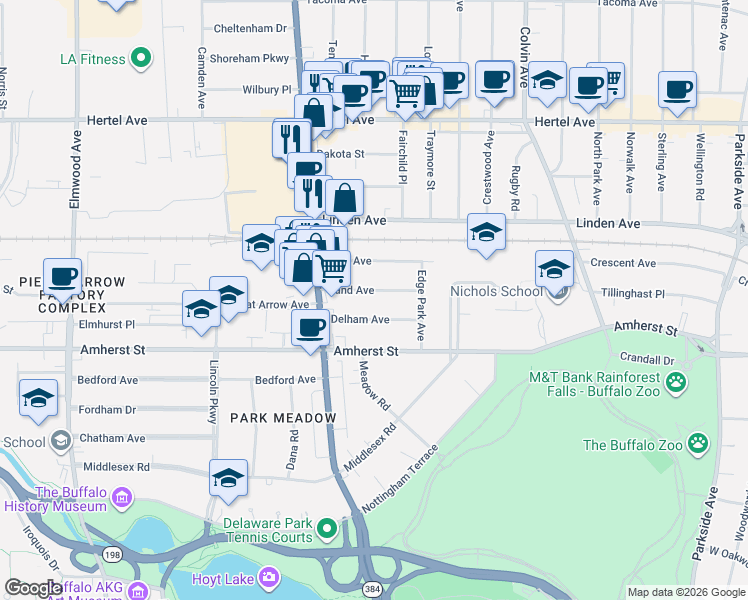 map of restaurants, bars, coffee shops, grocery stores, and more near 59 Rand Avenue in Buffalo