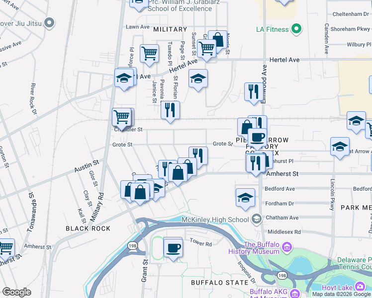 map of restaurants, bars, coffee shops, grocery stores, and more near 181 Grote Street in Buffalo