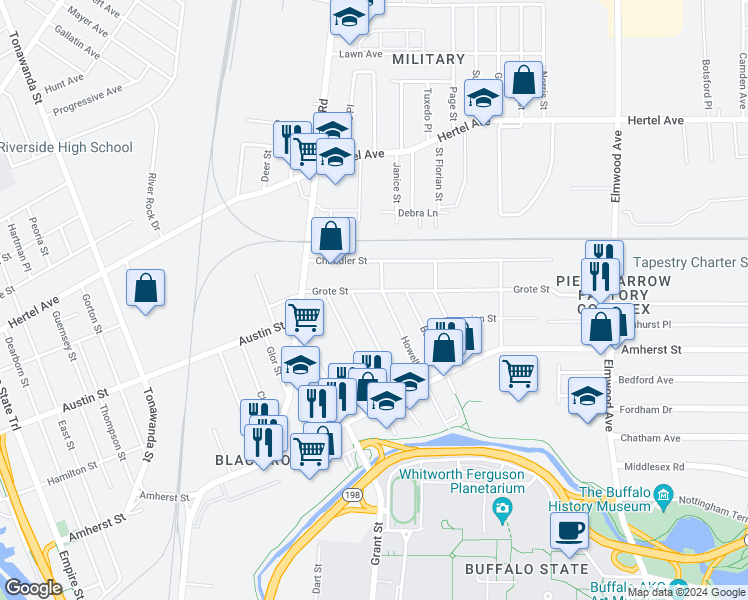 map of restaurants, bars, coffee shops, grocery stores, and more near 159 Howell Street in Buffalo