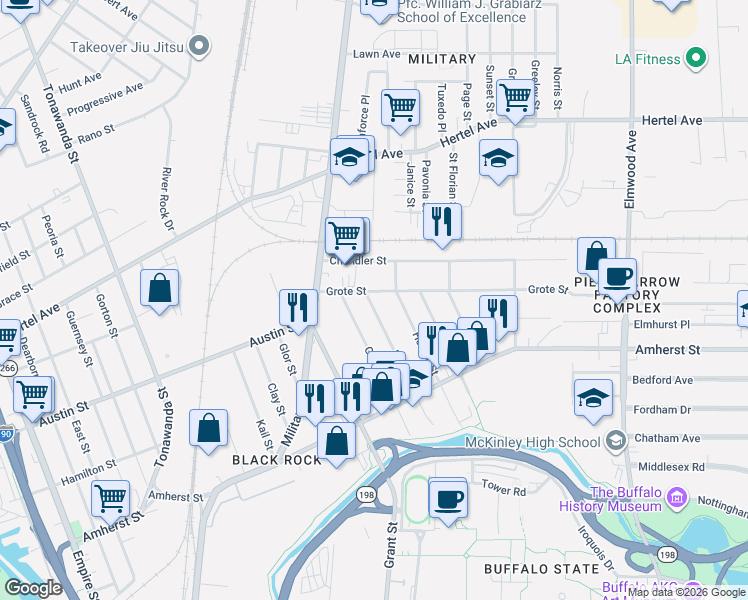 map of restaurants, bars, coffee shops, grocery stores, and more near 168 Peter Street in Buffalo