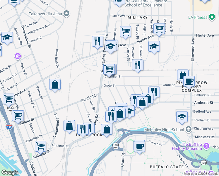 map of restaurants, bars, coffee shops, grocery stores, and more near in Buffalo