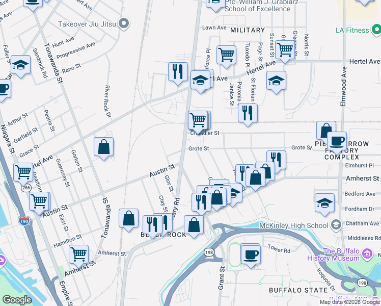 map of restaurants, bars, coffee shops, grocery stores, and more near in Buffalo