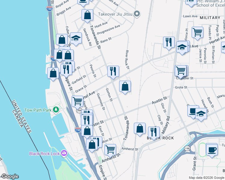 map of restaurants, bars, coffee shops, grocery stores, and more near 470 Tonawanda Street in Buffalo