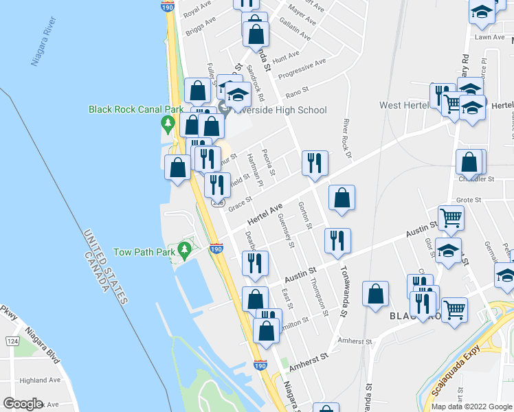 map of restaurants, bars, coffee shops, grocery stores, and more near 410 East Street in Buffalo