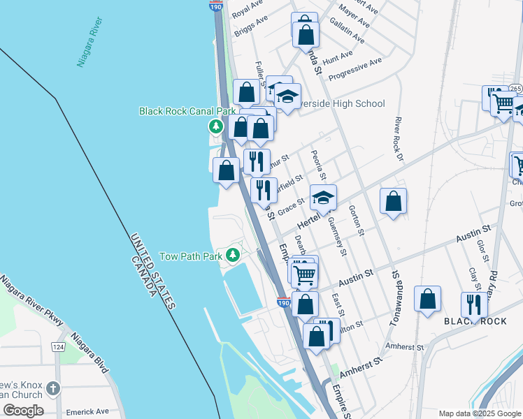 map of restaurants, bars, coffee shops, grocery stores, and more near 2121 Niagara Street in Buffalo