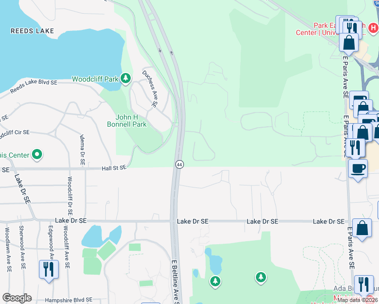 map of restaurants, bars, coffee shops, grocery stores, and more near 3669 Windshire Drive Southeast in Grand Rapids