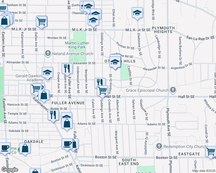 map of restaurants, bars, coffee shops, grocery stores, and more near 1125 Iroquois Drive Southeast in Grand Rapids