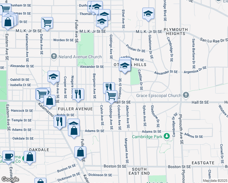 map of restaurants, bars, coffee shops, grocery stores, and more near 1125 Iroquois Drive Southeast in Grand Rapids