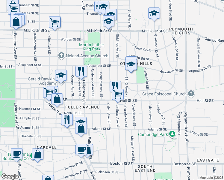 map of restaurants, bars, coffee shops, grocery stores, and more near 1125 Giddings Avenue Southeast in Grand Rapids