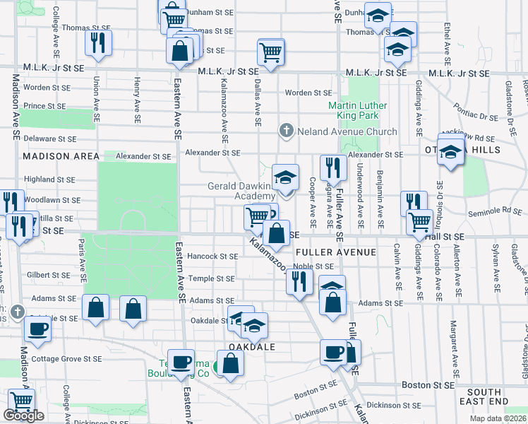 map of restaurants, bars, coffee shops, grocery stores, and more near 1132 Dallas Avenue Southeast in Grand Rapids