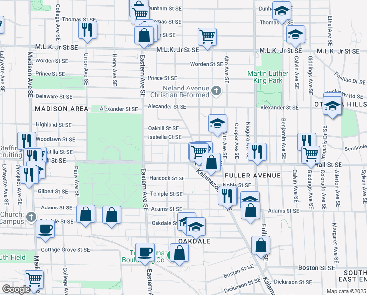map of restaurants, bars, coffee shops, grocery stores, and more near 1142 Cromwell Avenue Southeast in Grand Rapids