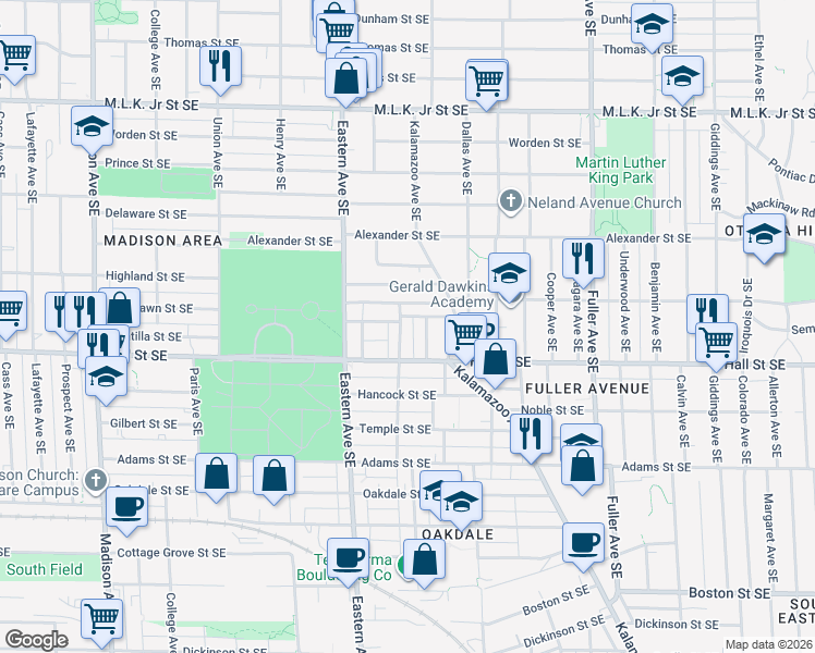 map of restaurants, bars, coffee shops, grocery stores, and more near 1139 Marshall Avenue Southeast in Grand Rapids