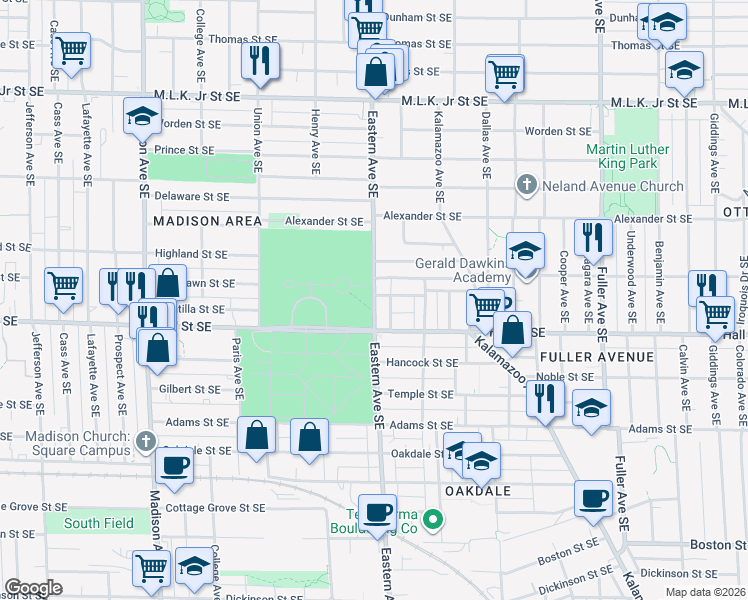 map of restaurants, bars, coffee shops, grocery stores, and more near 820 Humbolt Street Southeast in Grand Rapids