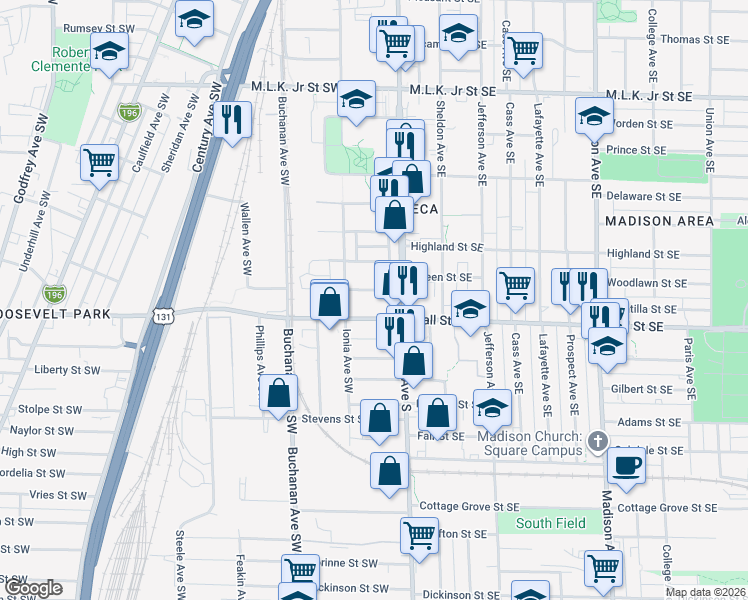 map of restaurants, bars, coffee shops, grocery stores, and more near 14 Canton Street Southwest in Grand Rapids