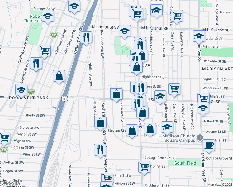 map of restaurants, bars, coffee shops, grocery stores, and more near 125 Hall Street Southwest in Grand Rapids