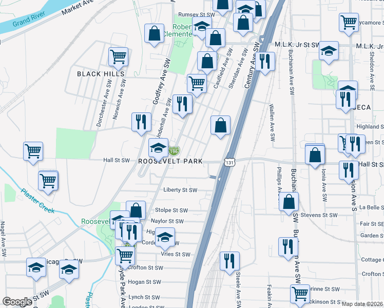 map of restaurants, bars, coffee shops, grocery stores, and more near 1139 Caulfield Avenue Southwest in Grand Rapids