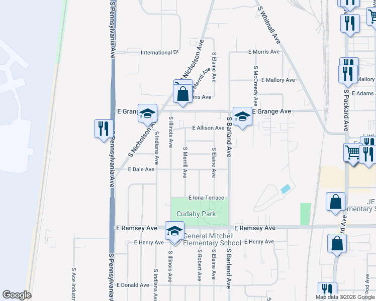 map of restaurants, bars, coffee shops, grocery stores, and more near 2932 East Belsar Avenue in Cudahy