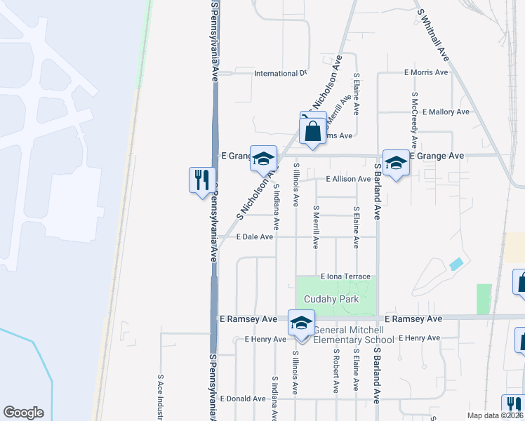 map of restaurants, bars, coffee shops, grocery stores, and more near 2536 East Belsar Avenue in Cudahy