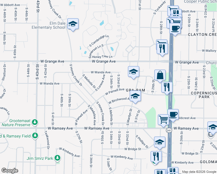 map of restaurants, bars, coffee shops, grocery stores, and more near 5647 South 34th Street in Milwaukee