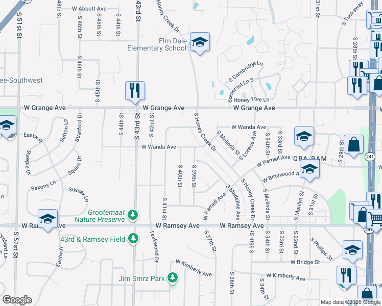 map of restaurants, bars, coffee shops, grocery stores, and more near 5623 South 39th Street in Milwaukee