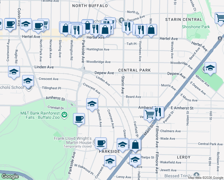 map of restaurants, bars, coffee shops, grocery stores, and more near 48 Linden Avenue in Buffalo