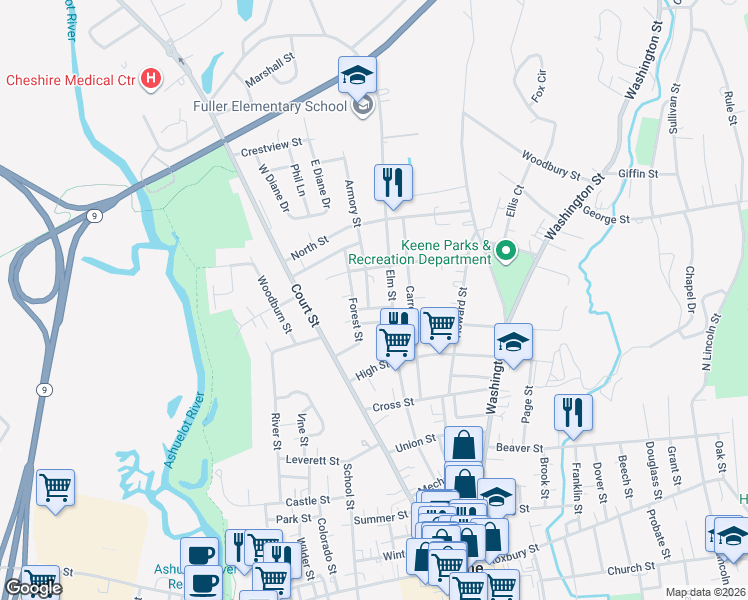 map of restaurants, bars, coffee shops, grocery stores, and more near 17 Baldwin Street in Keene