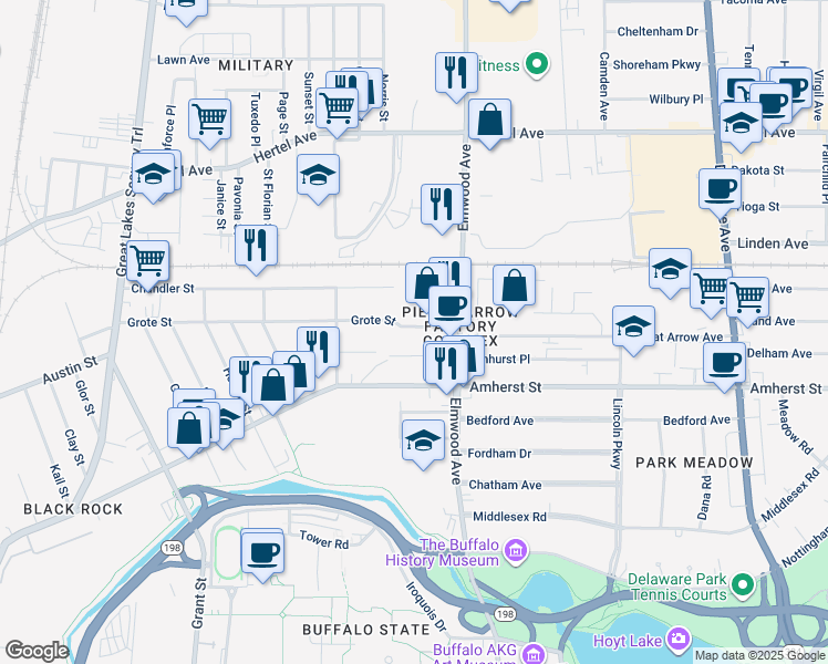 map of restaurants, bars, coffee shops, grocery stores, and more near 293 Grote Street in Buffalo