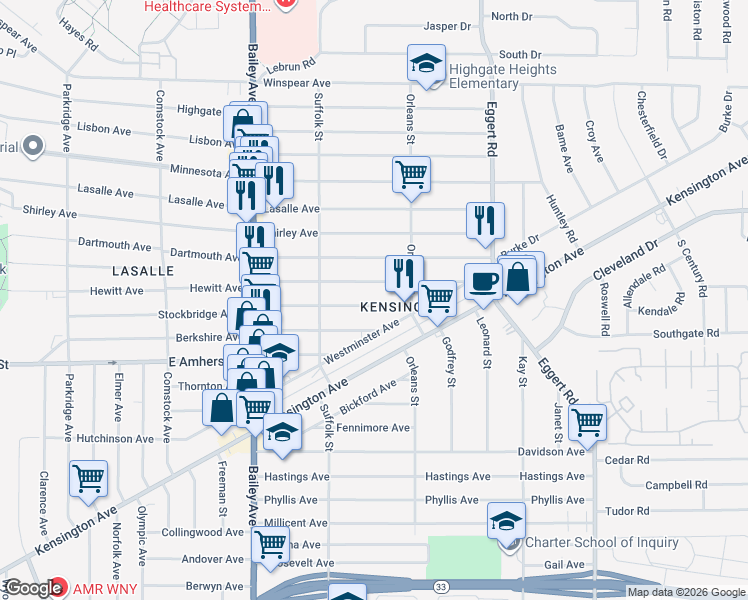 map of restaurants, bars, coffee shops, grocery stores, and more near 534 Stockbridge Avenue in Buffalo