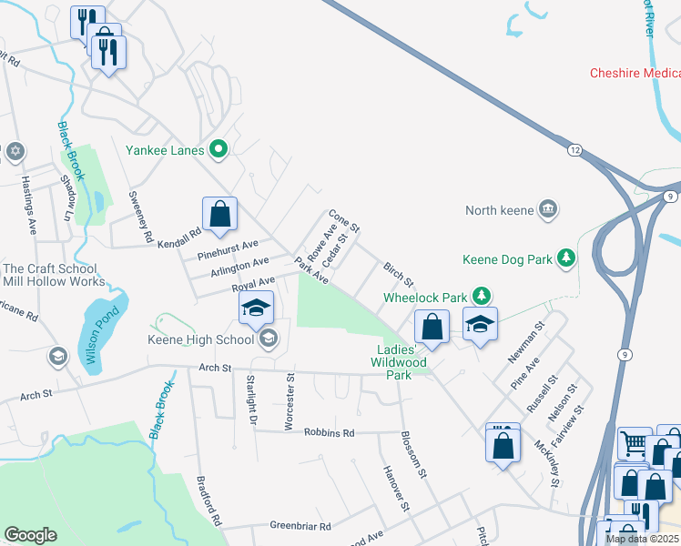 map of restaurants, bars, coffee shops, grocery stores, and more near 15 Needle Street in Keene