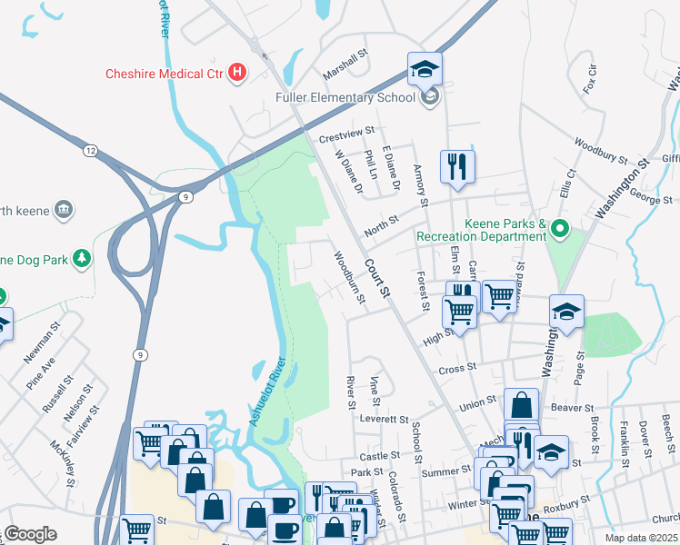 map of restaurants, bars, coffee shops, grocery stores, and more near 66 Woodburn Street in Keene