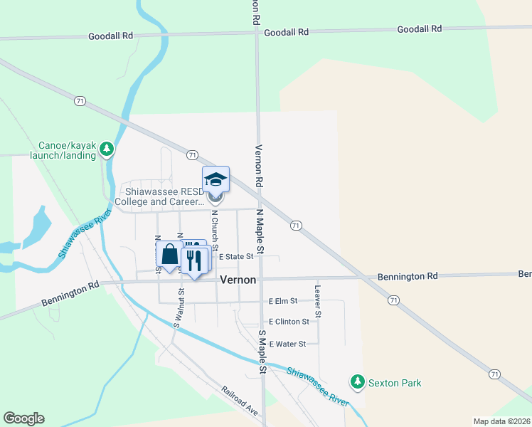 map of restaurants, bars, coffee shops, grocery stores, and more near 228 North Maple Street in Vernon