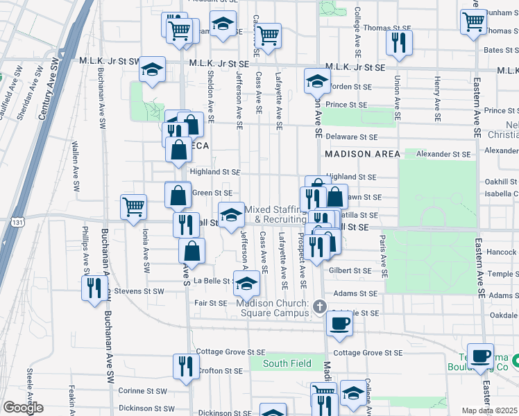 map of restaurants, bars, coffee shops, grocery stores, and more near 1146 Cass Avenue Southeast in Grand Rapids
