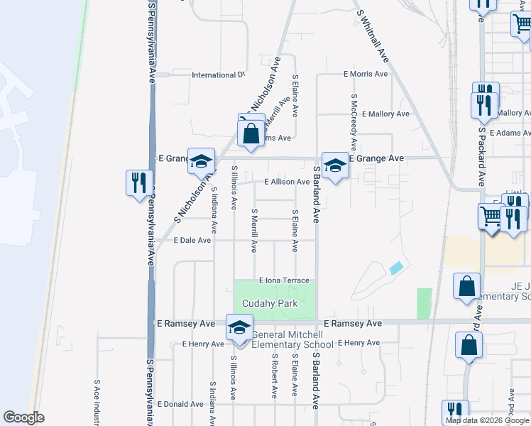 map of restaurants, bars, coffee shops, grocery stores, and more near 2932 East Belsar Avenue in Cudahy