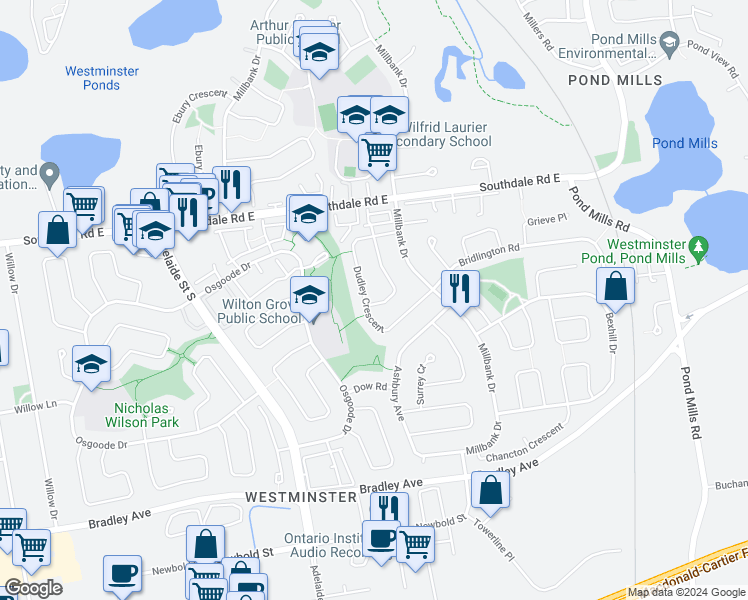 map of restaurants, bars, coffee shops, grocery stores, and more near 41 Upcott Crescent in London