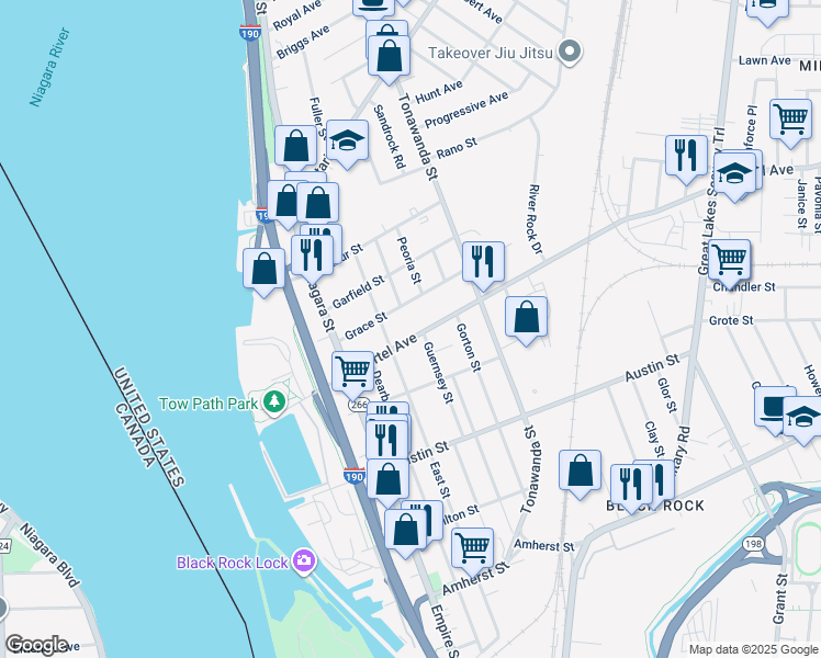 map of restaurants, bars, coffee shops, grocery stores, and more near 102 Hertel Ave in Buffalo