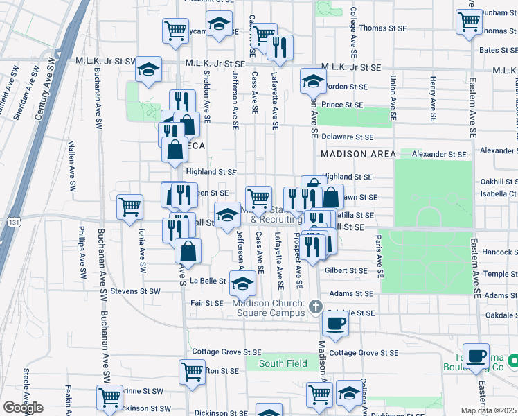 map of restaurants, bars, coffee shops, grocery stores, and more near 1152 Cass Avenue Southeast in Grand Rapids