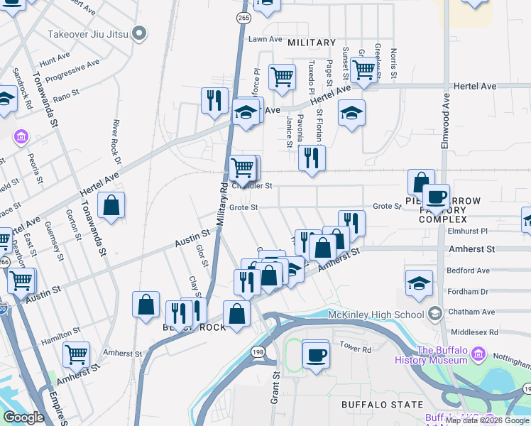 map of restaurants, bars, coffee shops, grocery stores, and more near 168 Peter Street in Buffalo