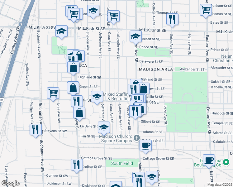 map of restaurants, bars, coffee shops, grocery stores, and more near 1151 Lafayette Avenue Southeast in Grand Rapids