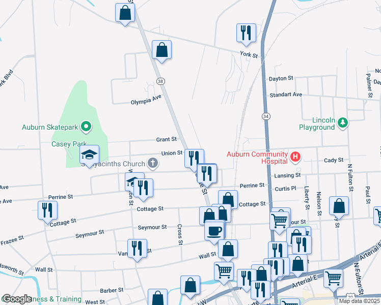 map of restaurants, bars, coffee shops, grocery stores, and more near 220 New York 38 in Auburn