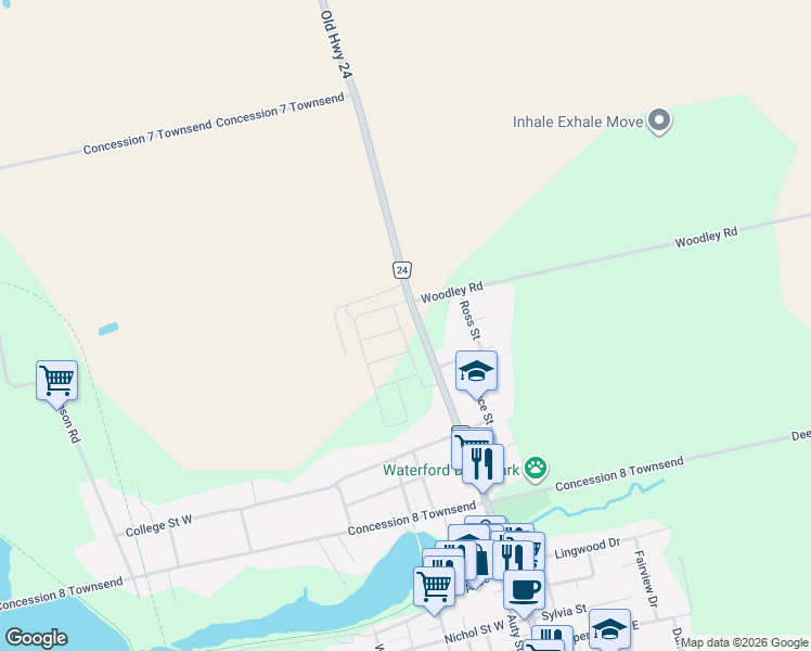 map of restaurants, bars, coffee shops, grocery stores, and more near 160 Main Street North in Waterford