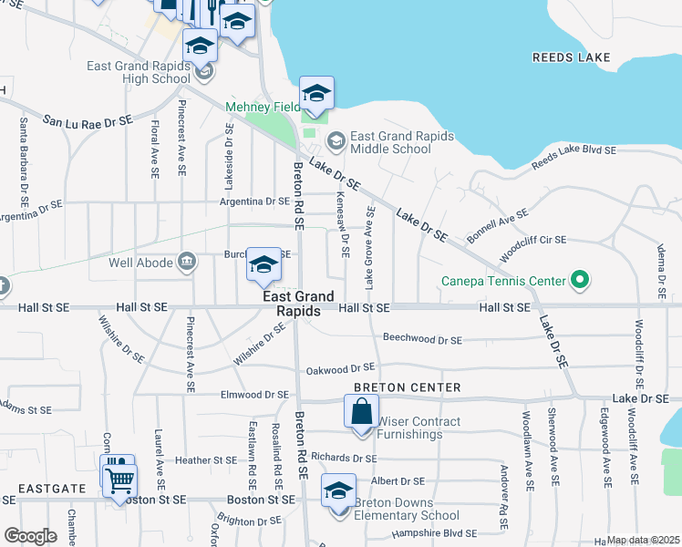 map of restaurants, bars, coffee shops, grocery stores, and more near 1129 Kenesaw Drive Southeast in Grand Rapids