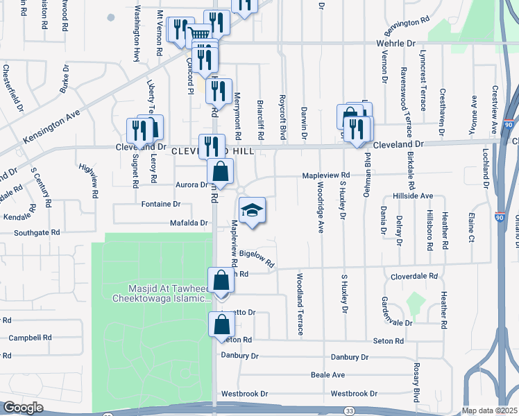 map of restaurants, bars, coffee shops, grocery stores, and more near 7 Gilmore Drive in Buffalo