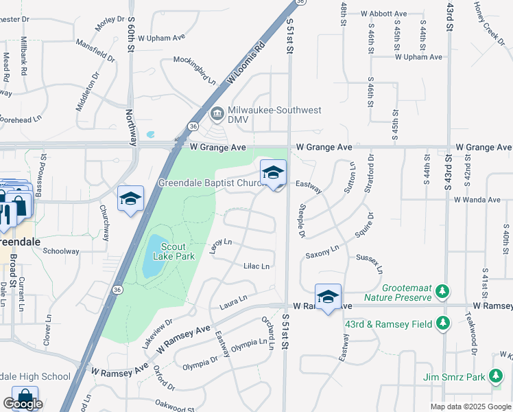 map of restaurants, bars, coffee shops, grocery stores, and more near 5396 Lynn Road in Greendale