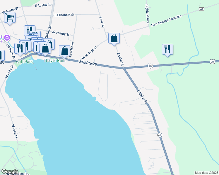 map of restaurants, bars, coffee shops, grocery stores, and more near 7 Lakeview Circle in Skaneateles